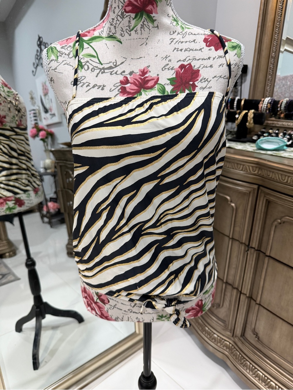 Michael Kors Zebra-Stripe Swim Top in Black, White & Gold